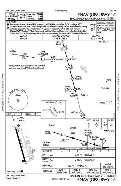 Lincoln Regional  Lincoln, CA (KLHM): RNAV (GPS) RWY 15 (IAP)