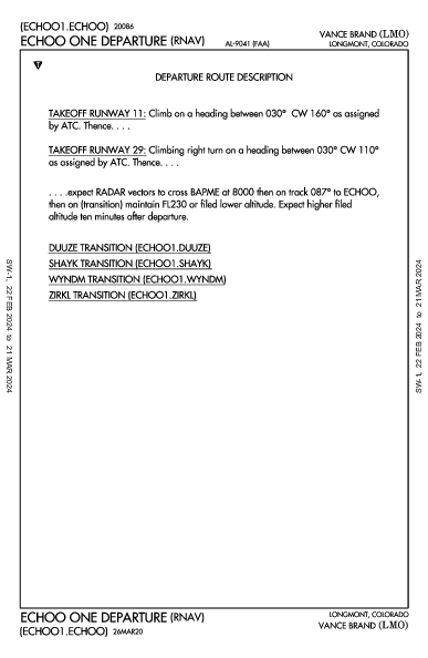 Vance Brand Longmont, CO (KLMO): ECHOO ONE (RNAV) (DP)