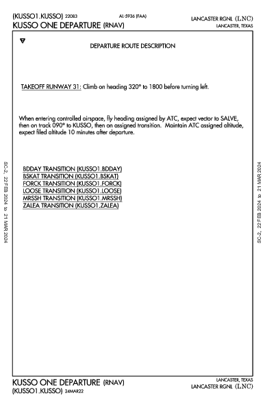 Lancaster Rgnl Lancaster, TX (KLNC): KUSSO ONE (RNAV) (DP)