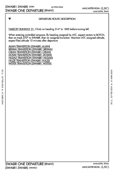 Lancaster Rgnl Lancaster, TX (KLNC): SWABR ONE (RNAV) (DP)