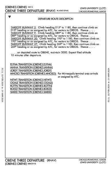 Lewis University Chicago/Romeoville, IL (KLOT): OBENE THREE (RNAV) (DP)