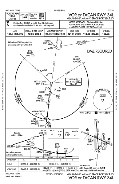 ミッドランド国際空港 Midland, TX (KMAF): VOR OR TACAN RWY 34L (IAP)