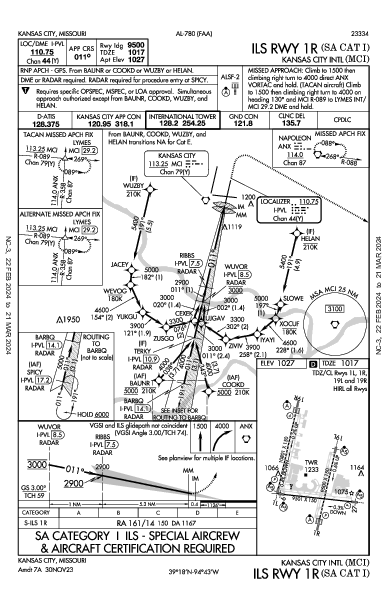 カンザスシティ国際空港 Kansas City, MO (KMCI): ILS RWY 01R (SA CAT I) (IAP)