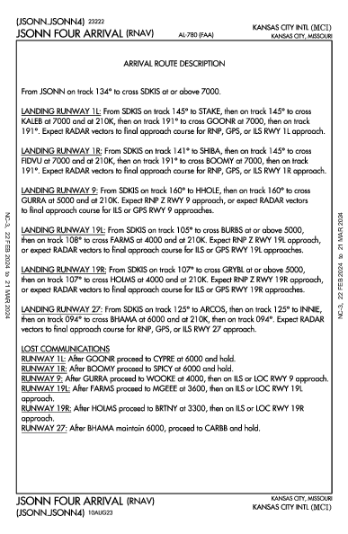 カンザスシティ国際空港 Kansas City, MO (KMCI): JSONN FOUR (RNAV) (STAR)