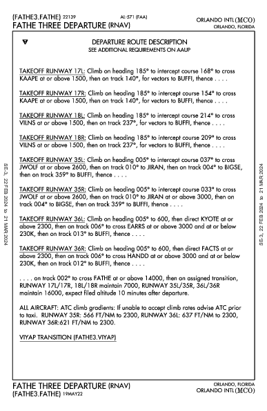 Орландо Orlando, FL (KMCO): FATHE THREE (RNAV) (DP)