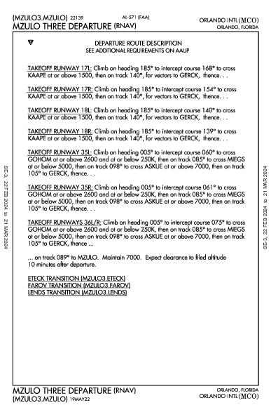 Орландо Orlando, FL (KMCO): MZULO THREE (RNAV) (DP)