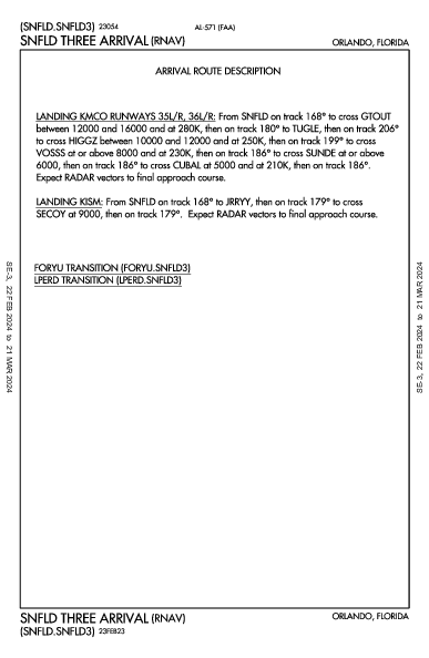 Int'l de Orlando Orlando, FL (KMCO): SNFLD THREE (RNAV) (STAR)