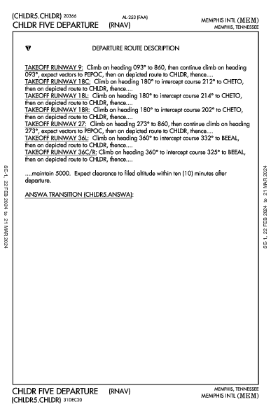 Memphis Memphis, TN (KMEM): CHLDR FIVE (RNAV) (DP)