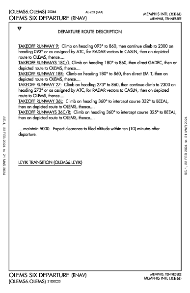 孟菲斯国际机场 Memphis, TN (KMEM): OLEMS SIX (RNAV) (DP)