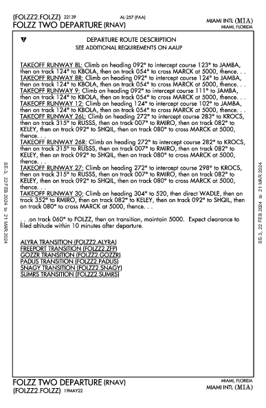 مطار ميامي الدولي Miami, FL (KMIA): FOLZZ TWO (RNAV) (DP)