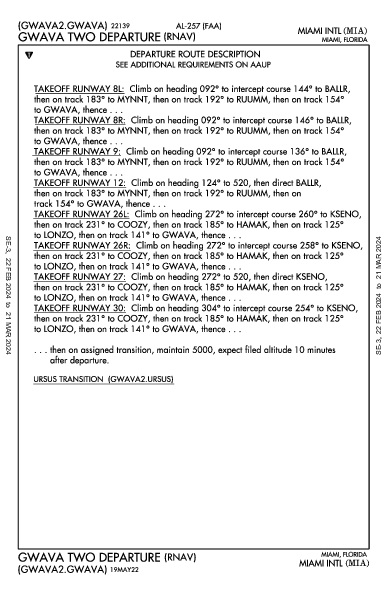 마이애미 국제공항 Miami, FL (KMIA): GWAVA TWO (RNAV) (DP)