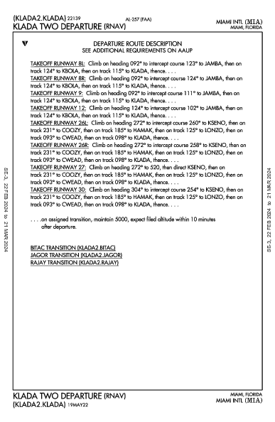 مطار ميامي الدولي Miami, FL (KMIA): KLADA TWO (RNAV) (DP)