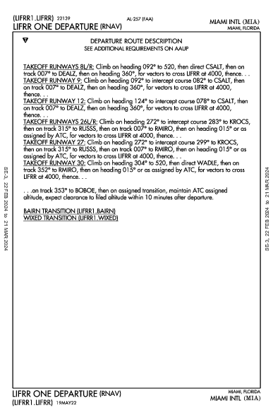 مطار ميامي الدولي Miami, FL (KMIA): LIFRR ONE (RNAV) (DP)