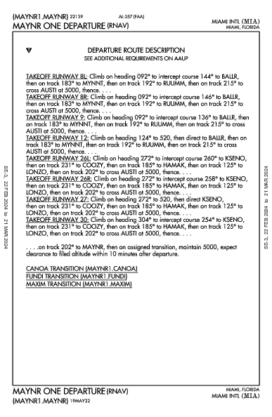 مطار ميامي الدولي Miami, FL (KMIA): MAYNR ONE (RNAV) (DP)