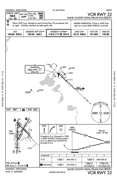 Dane Co Rgnl Madison, WI (KMSN): VOR RWY 32 (IAP)