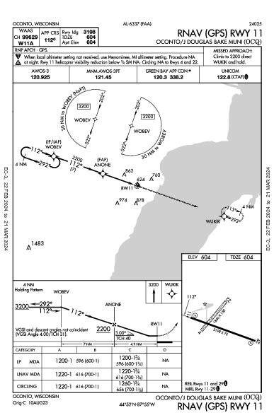 Oconto/J Douglas Bake Muni Oconto, WI (KOCQ): RNAV (GPS) RWY 11 (IAP)