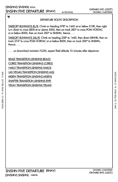 Ontario Intl Ontario, CA (KONT): SNSHN FIVE (RNAV) (DP)