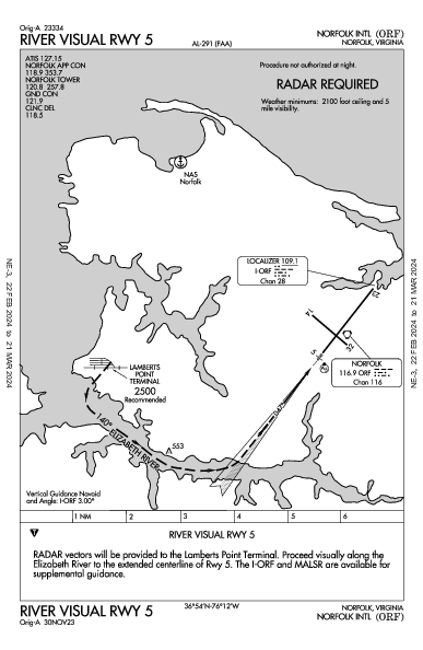 Norfolk Intl Norfolk, VA (KORF): RIVER VISUAL RWY 05 (IAP)