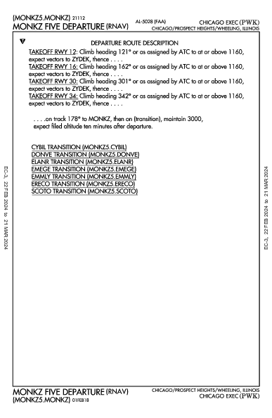 Chicago Exec Chicago/Prospect Heights/Wheeling, IL (KPWK): MONKZ FIVE (RNAV) (DP)
