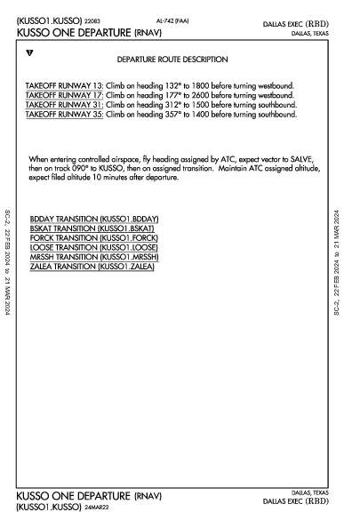 Dallas Exec Dallas, TX (KRBD): KUSSO ONE (RNAV) (DP)