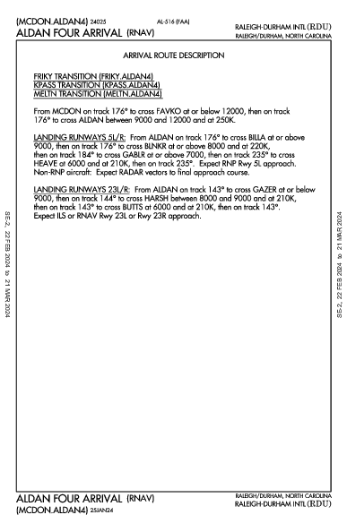 Int'l de Raleigh-Durham Raleigh/Durham, NC (KRDU): ALDAN FOUR (RNAV) (STAR)