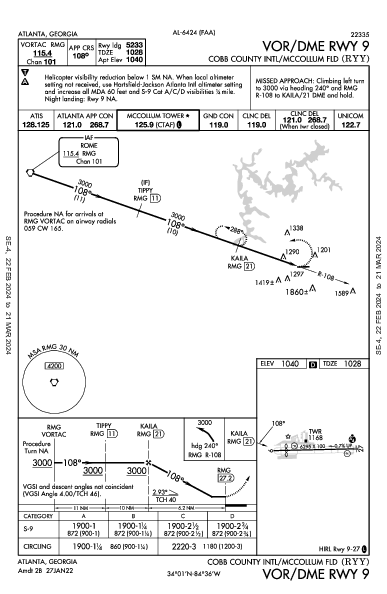 Cobb County International Atlanta, GA (KRYY): VOR/DME RWY 09 (IAP)