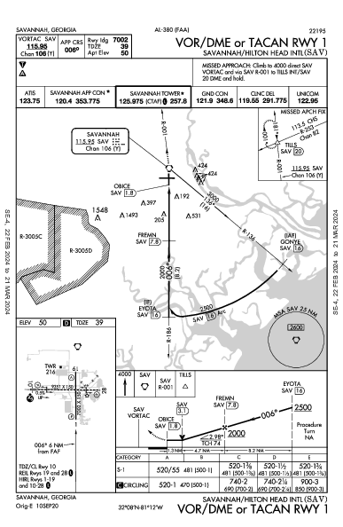 Int'l de Savannah/Hilton Head Savannah, GA (KSAV): VOR/DME OR TACAN RWY 01 (IAP)