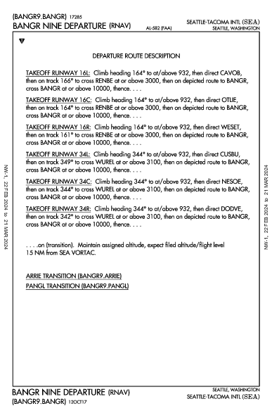 시애틀 터코마 국제공항 Seattle, WA (KSEA): BANGR NINE (RNAV) (DP)