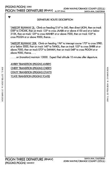 John Wayne Santa Ana, CA (KSNA): PIGGN THREE (RNAV) (DP)