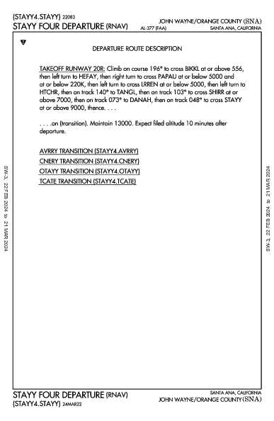 John Wayne Santa Ana, CA (KSNA): STAYY FOUR (RNAV) (DP)
