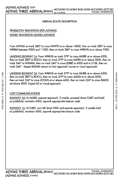Mcchord Fld (Joint Base Lewis-Mcchord) Tacoma, WA (KTCM): ADYMS THREE (RNAV) (STAR)