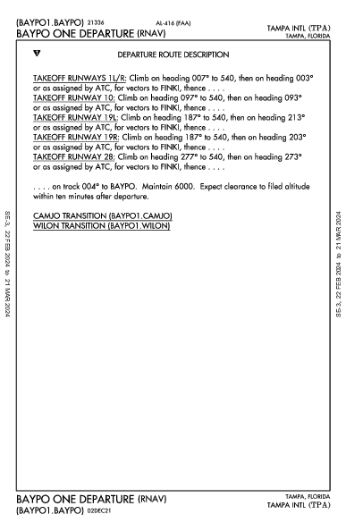 タンパ国際空港 Tampa, FL (KTPA): BAYPO ONE (RNAV) (DP)